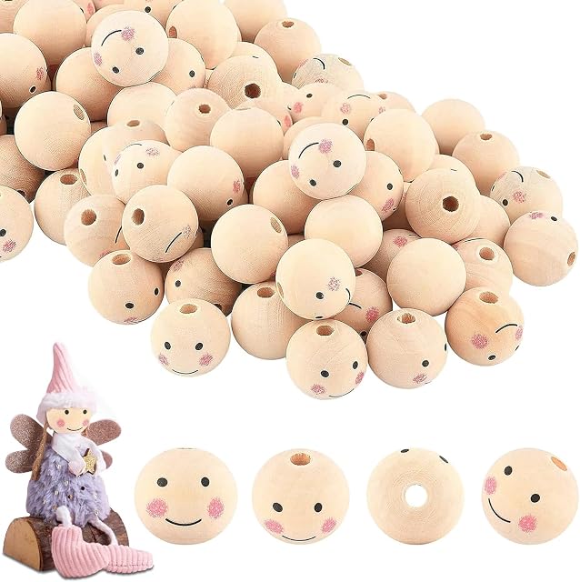 80Pcs Perles en bois, boule ronde souriante, 20 mm Perles en bois pour DIY Tête de poupée, décoration maison, artisanat et fabrication de bijoux