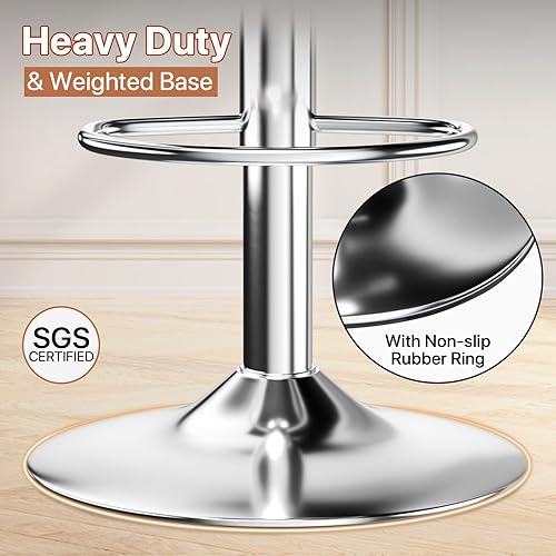 Miniatura 8 de Magshion Juego de 2 taburetes de bar ajustables de piel sintética, modernos taburetes giratorios con respaldo y reposapiés, sillas de encimera de