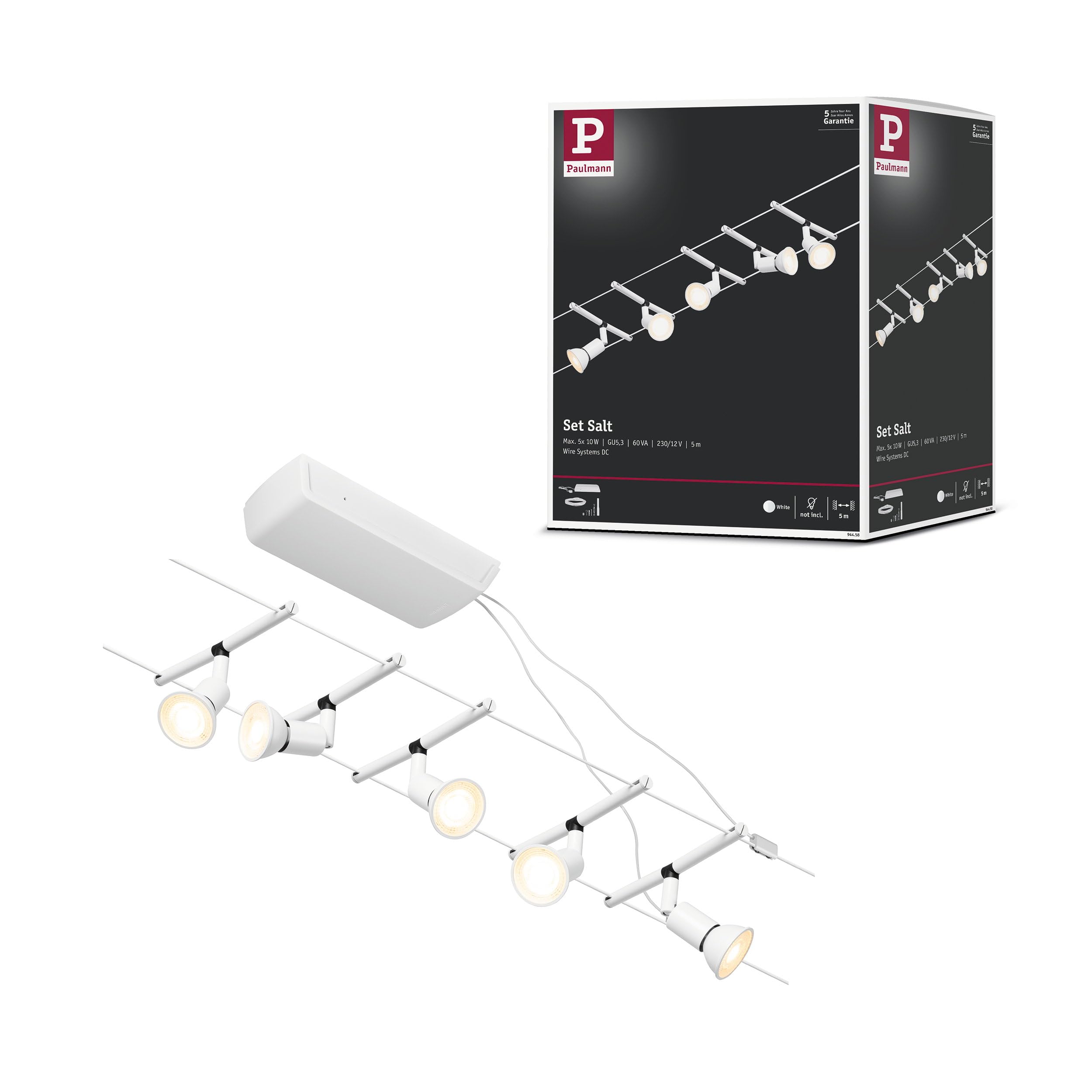 Paulmann 94458 CorDuo Lighting Set - Salt DC, Max 5 x 10 Watt Extendable Wire Cable System Matt White Plastic GU5.3 Without Bulbs