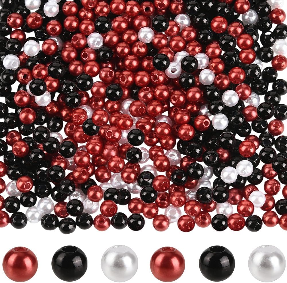 1200Pcs 3 Colors Black Pearl Beads 4mm Acrylic Beads Spacers Red White Colorful Round Ball Imitation Pearl Small Loose Smooth Spacers Findings for Jewelry Bracelets Necklaces Party DIY Crafts