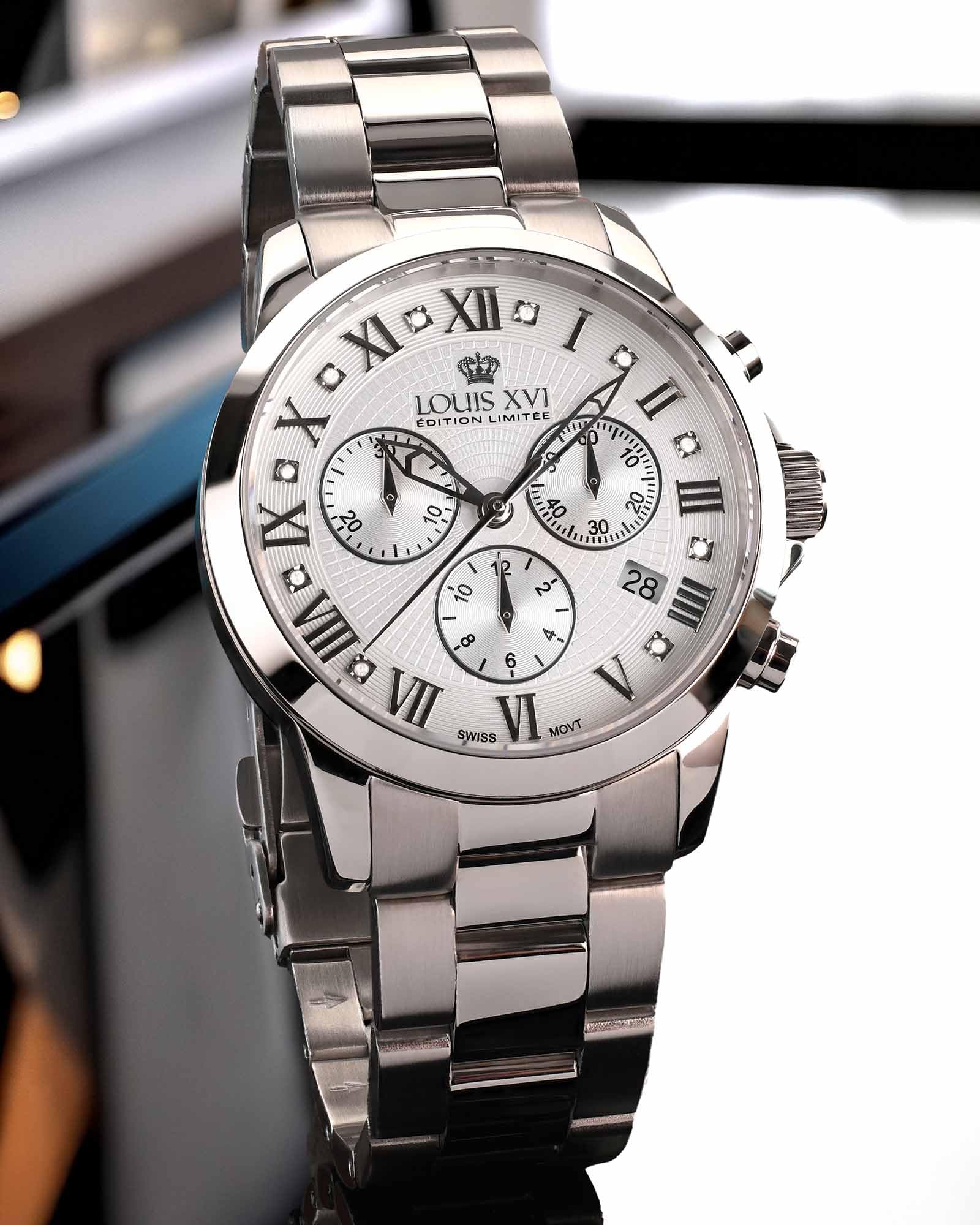 LOUIS XVI Damen-Armbanduhr Athos Pour Femme Stahlband Silber Weiss echte Diamanten Chronograph Analog Quarz Edelstahl 516