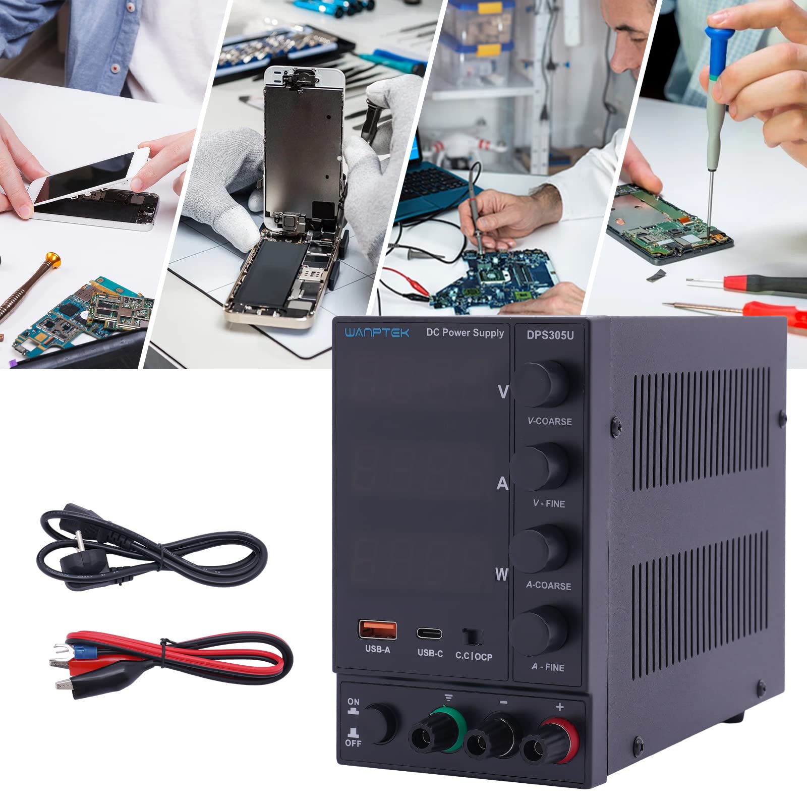 Fuente de alimentación de laboratorio (30 V, 5 A, regulable), con función de carga rápida USB, DC Power Supply