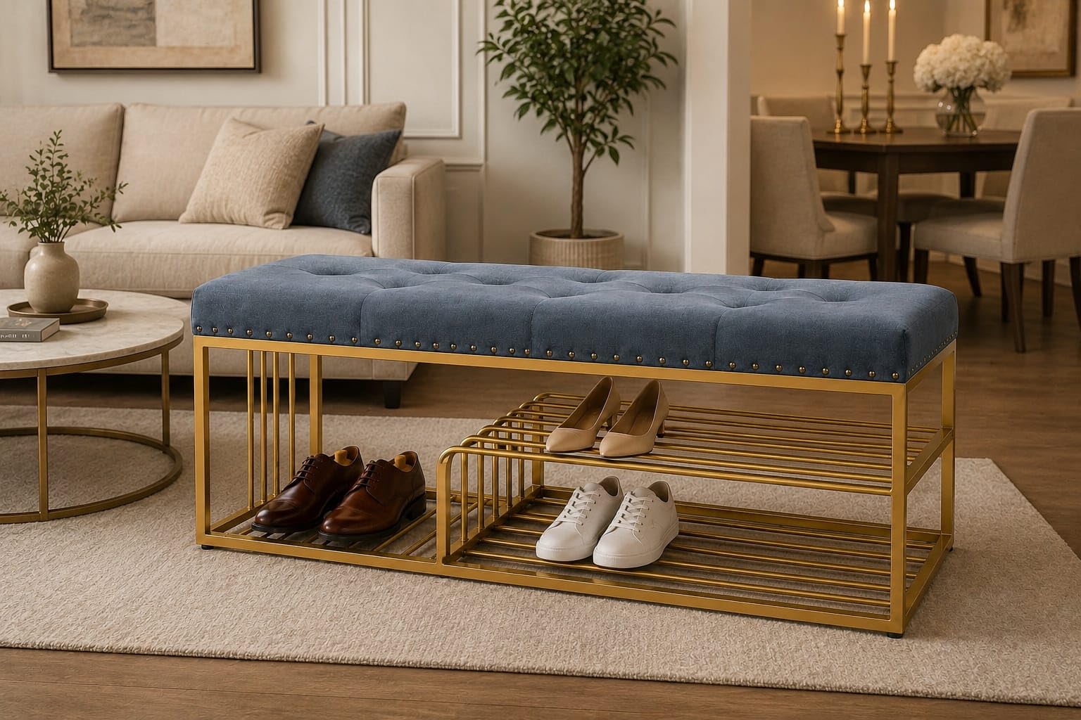 Upholstered End of Bed Bench with Black Metal Frame, Nailhead Trim Entryway Shoe Storage Ottoman for Bedroom, Living Room, Window & Mudroom Blue-image-49