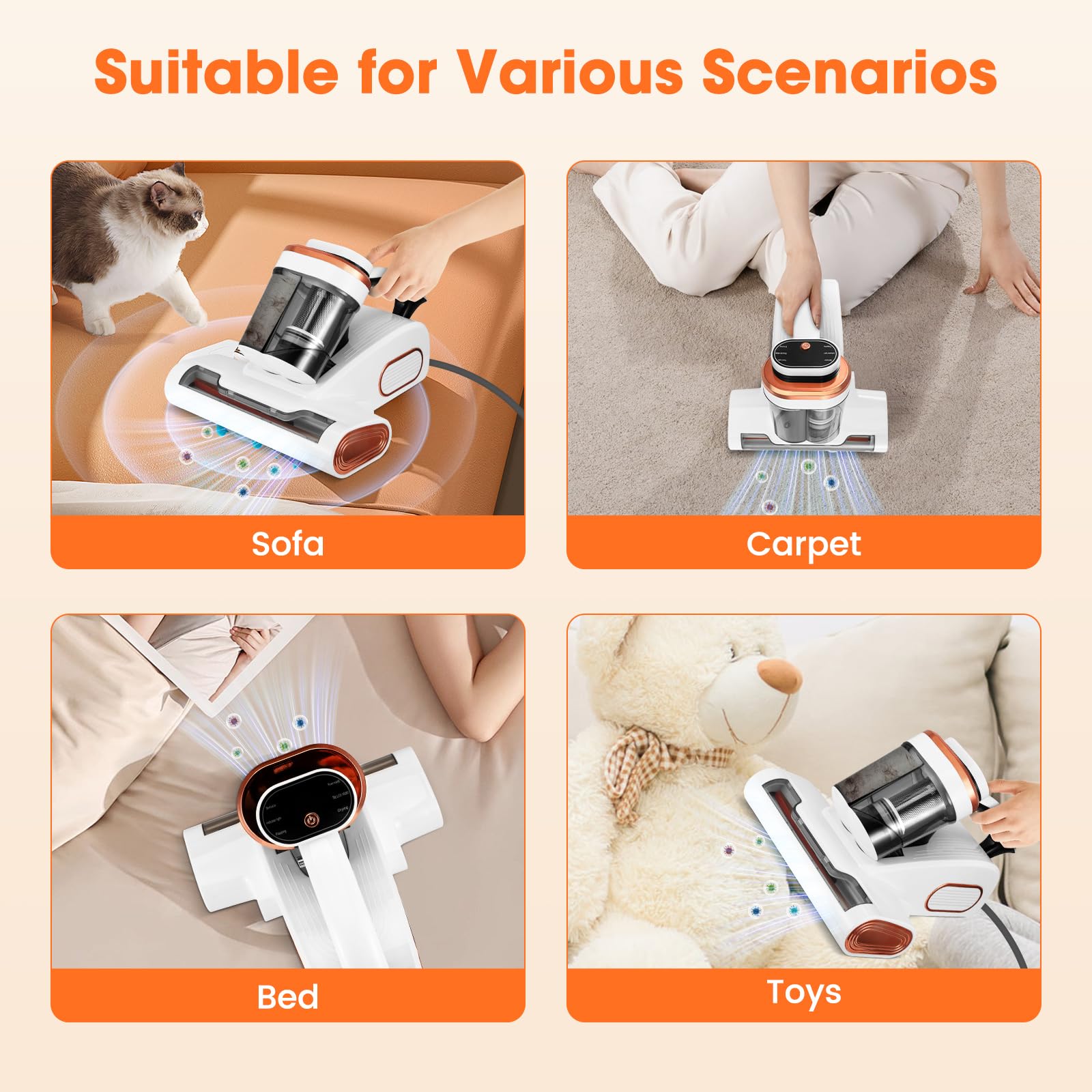 Aspirateur Matelas Anti Acariens, 13Kpa Aspiration Aspirateur Lit avec Lumière UV -C de 253,7 nm LED Aspirateur Matelas Ultrasons Chauffage Machine de Nettoyage Élimine 99,9 % des Bactéries Allergènes