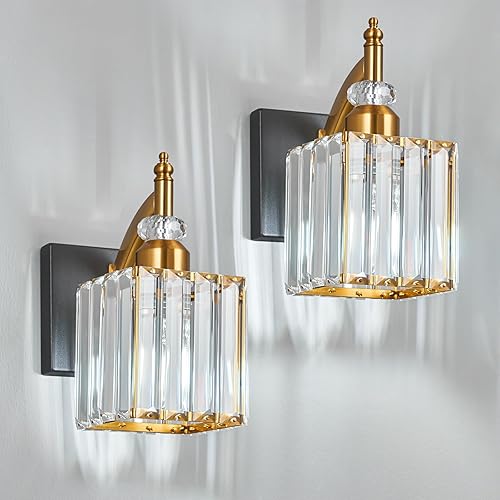Juego de dos apliques de pared modernos de color negro dorado para interiores, lámparas de pared de cristal, accesorios de tocador de baño