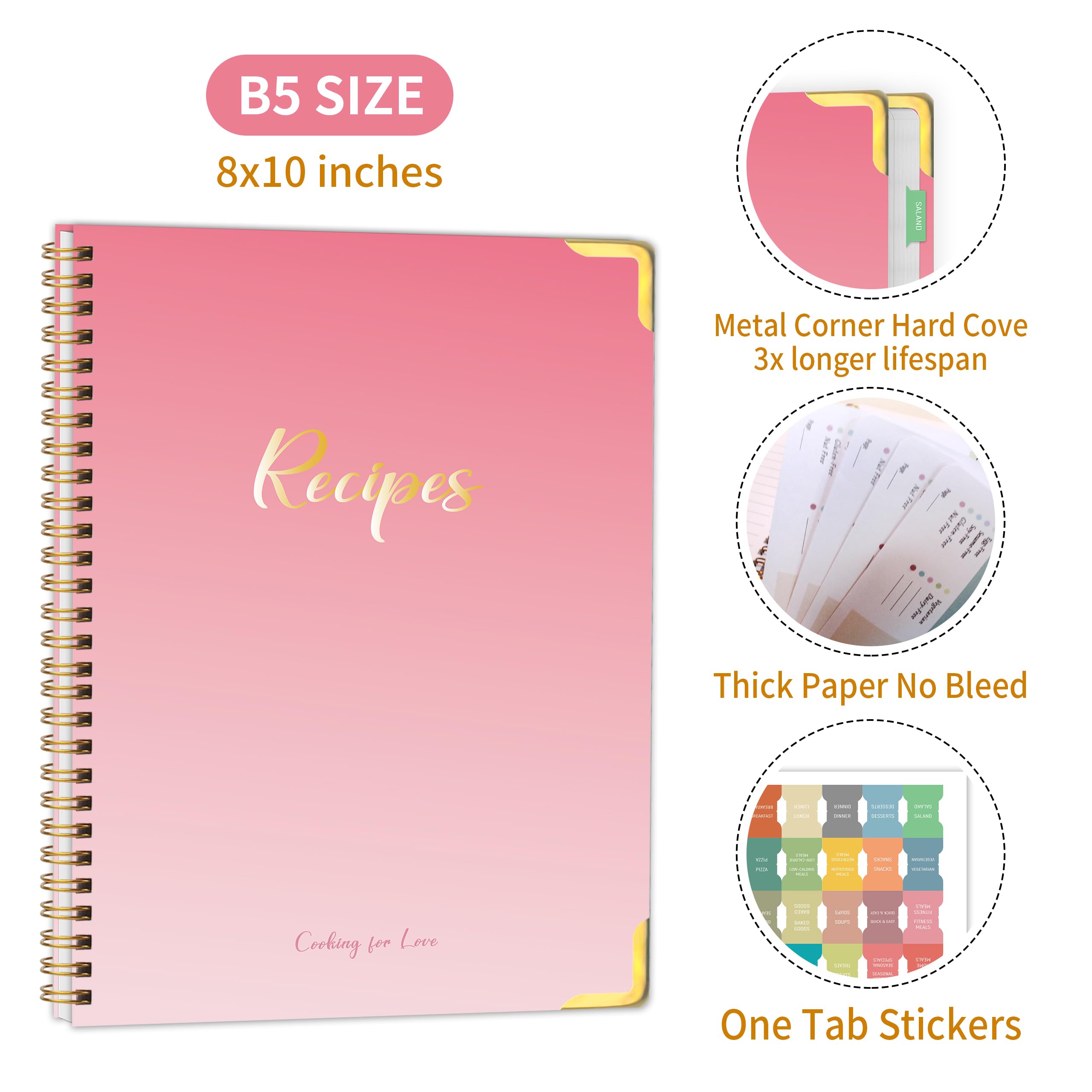 meDolove Libro de recetas para escribir en tus propias recetas, diario de recetas, libro de cocina en blanco, 7 x 10 pulgadas, cuaderno de recetas para organizar tus recetas para la cocina, color rosa