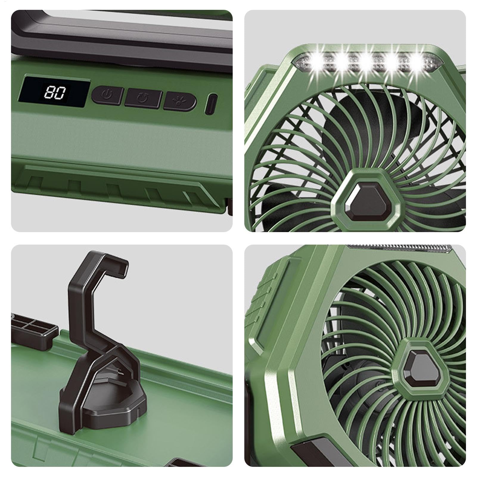 Ventilatore da campeggio per esterni, ventilatore da scrivania portatile | ventilatore da tavolo a batteria, 3 velocità, dispositivo di raffreddamento ricaricabile con luce e gancio per picnic,