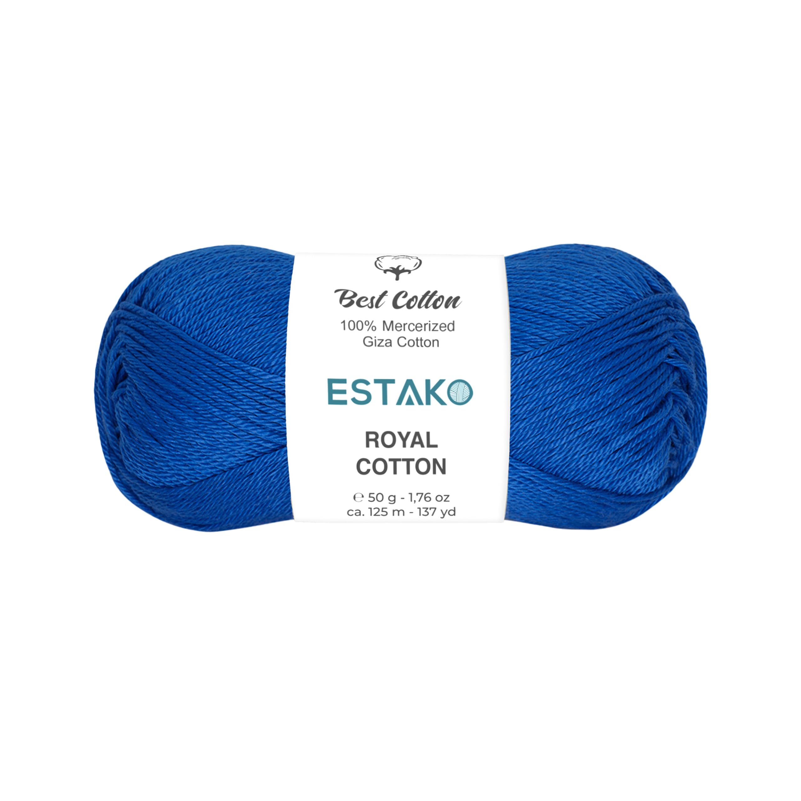 Estako Royal Cotton, 100% Mercerized Giza Cotton Yarn, Soft, Super Fino 1 for Crochet and Knitting 1.76 Oz (50g) / 137 Yrds (125m) (5077 - Royal Blue)