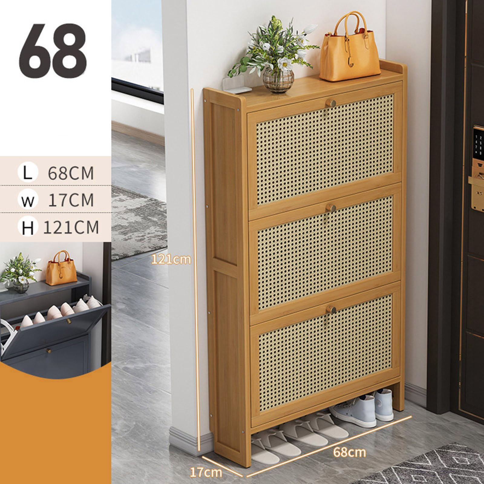 Smukła bambusowa szafka na buty, wolnostojąca szafka do przechowywania z drzwiami otwieranymi, obuwie retro, do wejścia i przedpokoju, stylowy design (68 x 17 x 121 cm)