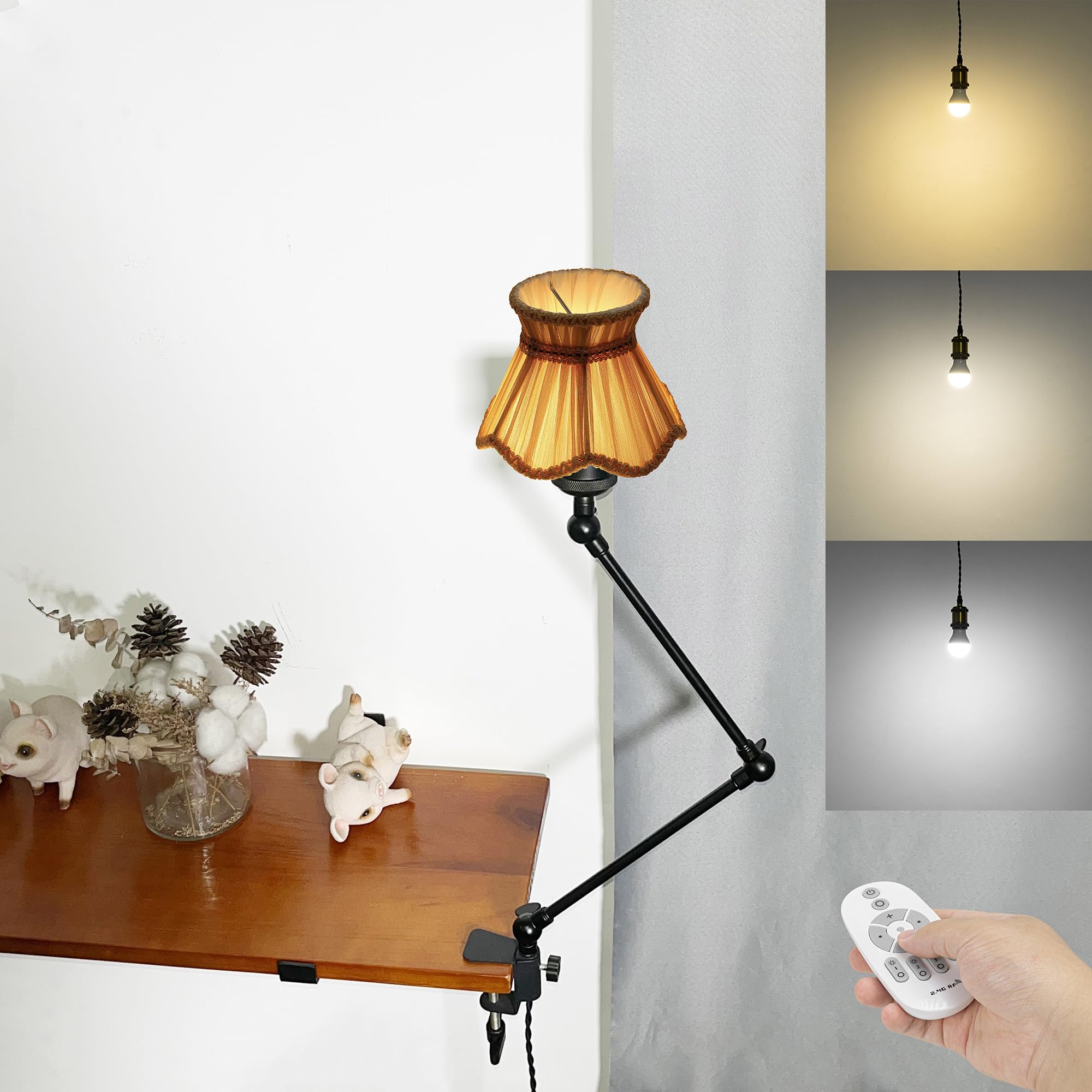 Klemmleuchte mit Fernsteuerung,1 Packung Leselampe mit 2,5 m Kabel, Dimmbar Nachttischlampe,Augenpflege Schreibtischlampe für Büro Heimgebrauch, E27 Lampenhalterung - DZ0329/802