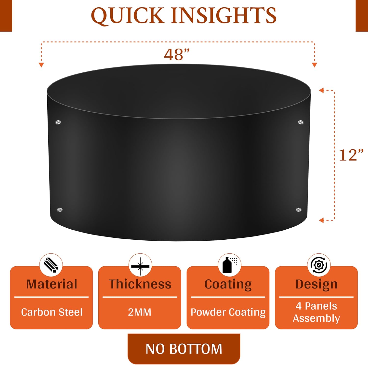 Simond Store Portable Fire Pit Ring Liner, 48 Inch Diameter 12 Inch Height - No Bottom 2mm Thick Heavy Duty Steel Round Fire Pit Insert for Outdoor Garden Patio Camping Bonfire Black