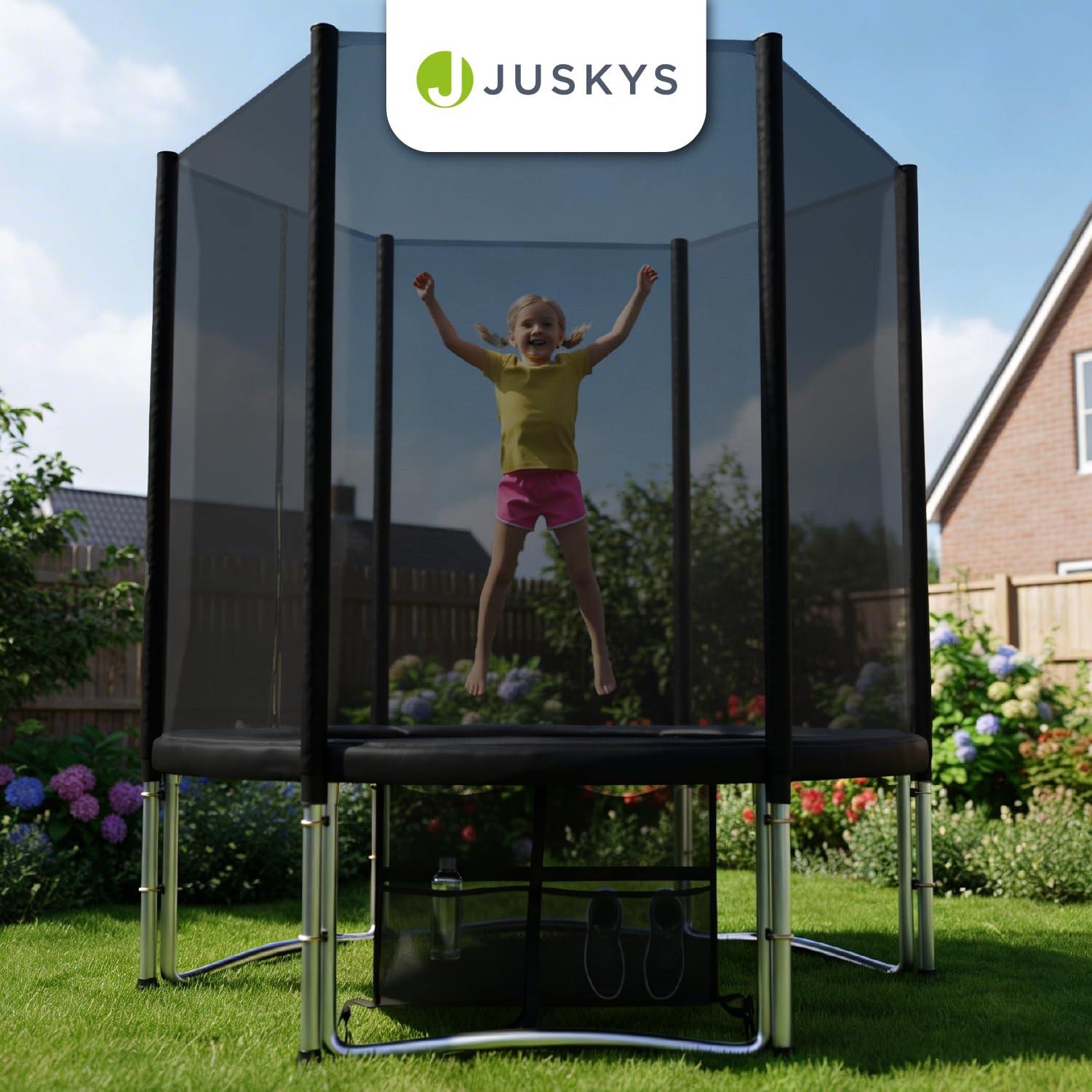 Juskys Trampoline JumpMaster – Trampoline de Jardin extérieur avec Filet de sécurité, échelle et ancrages au Sol, Protection de Bord rembourrée