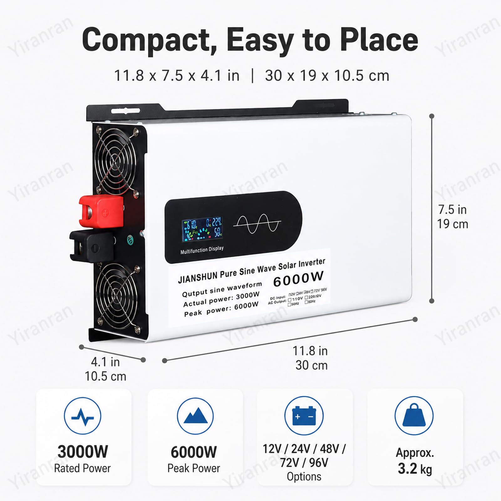 Inverter Ibrido Solare da 6000 W, Convertitore di Tensione Inverter A Onda Sinusoidale Pura Ad Alta Potenza, 3000 W Continui, 6000 W di Picco, Display LCD, Protezione Multipla, 96V