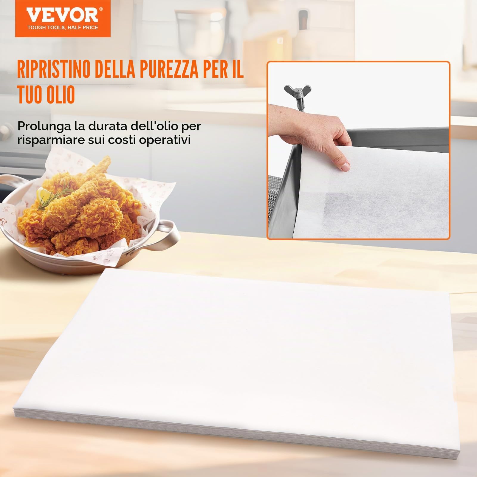 VEVOR Carta da Filtro per Friggitrice, 100 Fogli, 25,7" x 16,9", Fogli Filtranti di Ricambio per Friggitrice, Filtro per Macchina Filtrante per Friggitrice Commerciale 55 Litri, Ristorante, Fast Food
