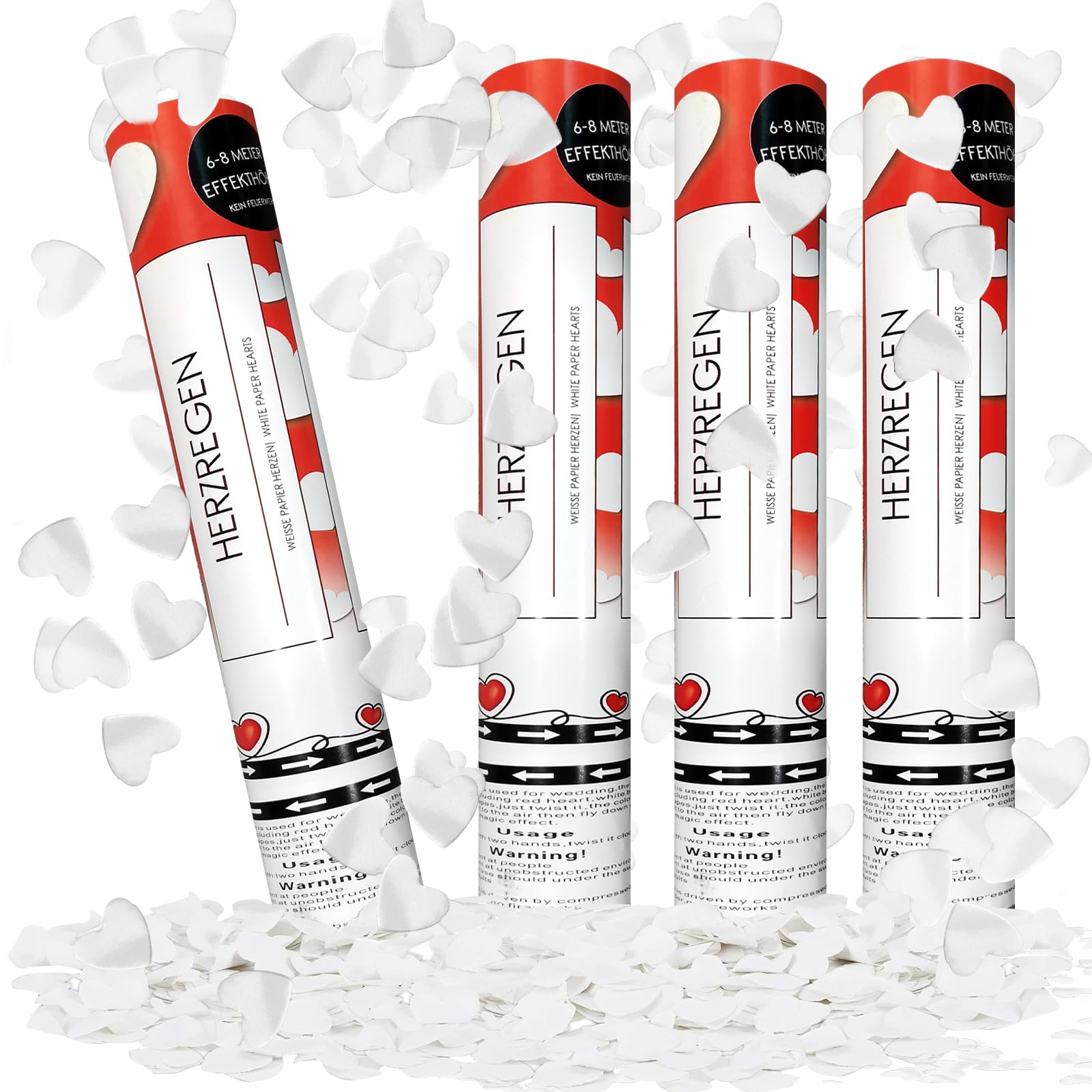 FePen Cañones Confeti Blanco*4, Cañon Confeti Boda, Confetti Cañón Biodegradable, Tubo de Confeti para Fiestas, Celebraciones, Bodas, para Interiores y Exteriores (Corazón de Amor Blanco)