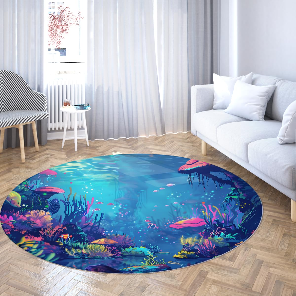 Blaue runde Teppiche 100cm Cartoon Unterwasser Korallen Fisch Szenerie Abwaschbarer Rutschfester Rücken mit niedrigem Florwurf Kreis Teppich für das Bett des Gästezimmers