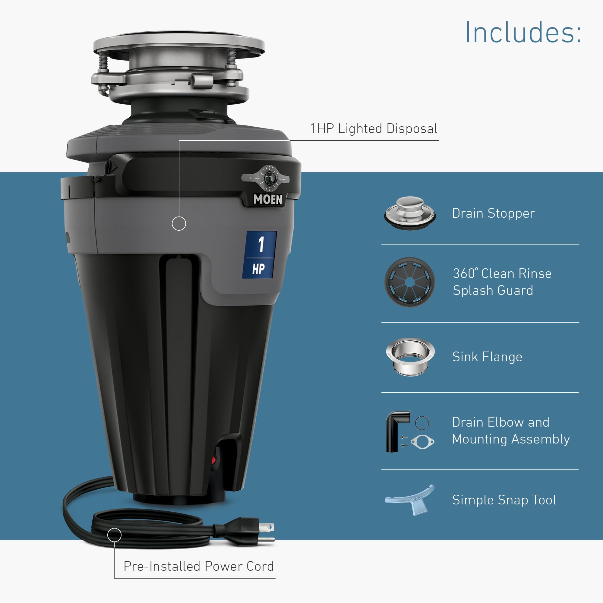 Moen EXL100C Chef Series Triturador de Basura Iluminado Continua con reducción de Sonido, Cable de alimentación Incluido, O Sin terminar, 1 HP - Motion Lighting
