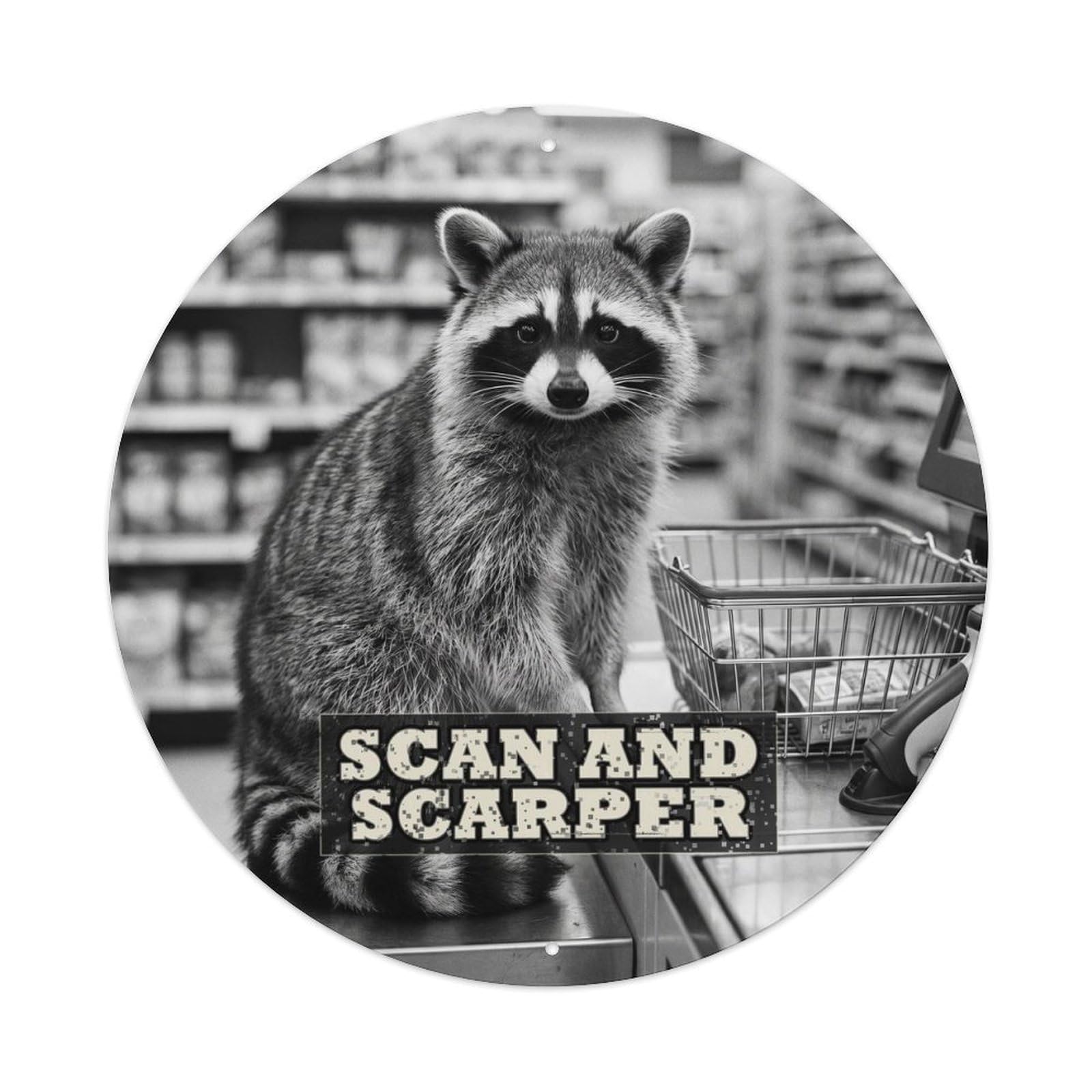 Wildlife Raccoon Self Checkout Surreal Animal Humor Satire Metal Tin Sign Plaque Wall Decor for Cafe, Man Cave, Club Bar, Office, Home Garden Round Metal Poster 8x8Inch