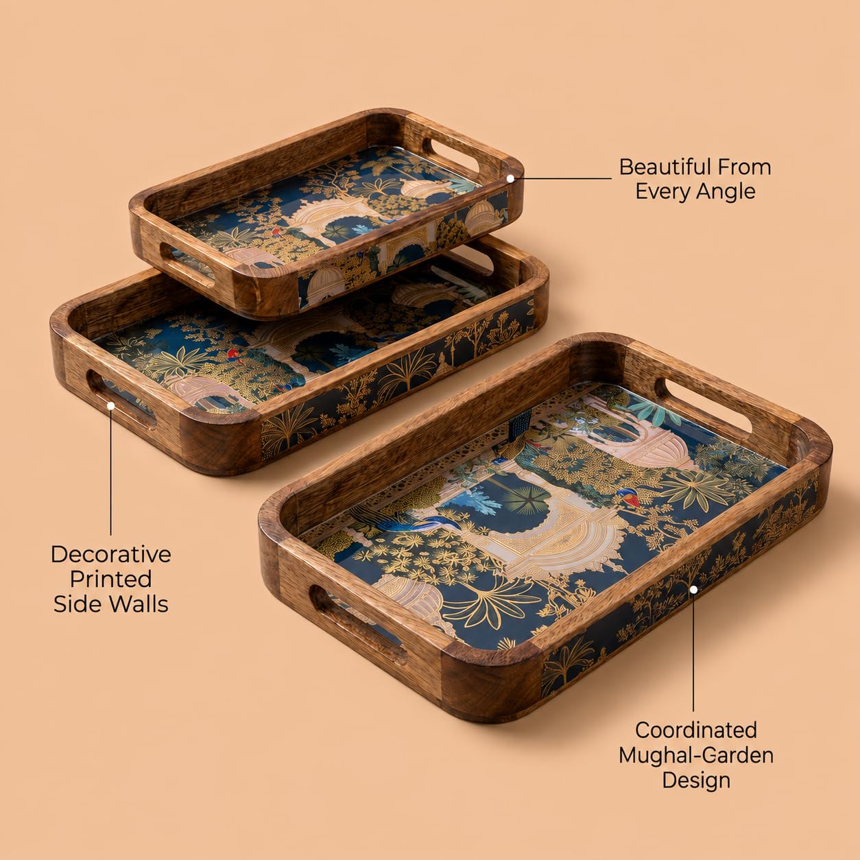 Wooden Serving Tray Set - Gold Engraved Design -2