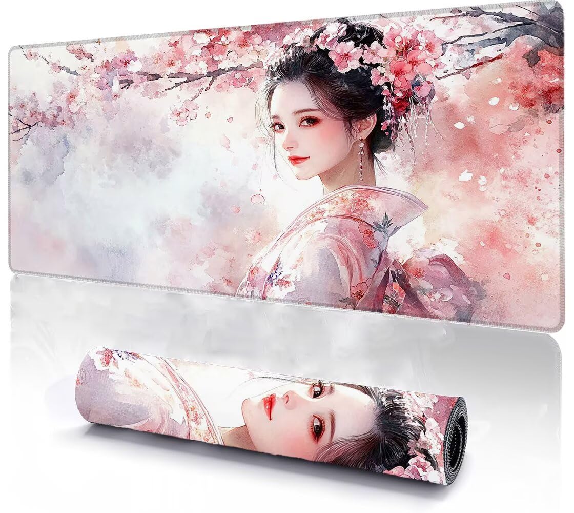 Podkładka pod mysz, duża, gamingowa podkładka pod mysz, XXL, Geisha, 600 x 1200 x 3 mm, podkładka na biurko, antypoślizgowa, gumowa podstawa, wodoodporna i trwała, podkładka pod klawiaturę, do gier