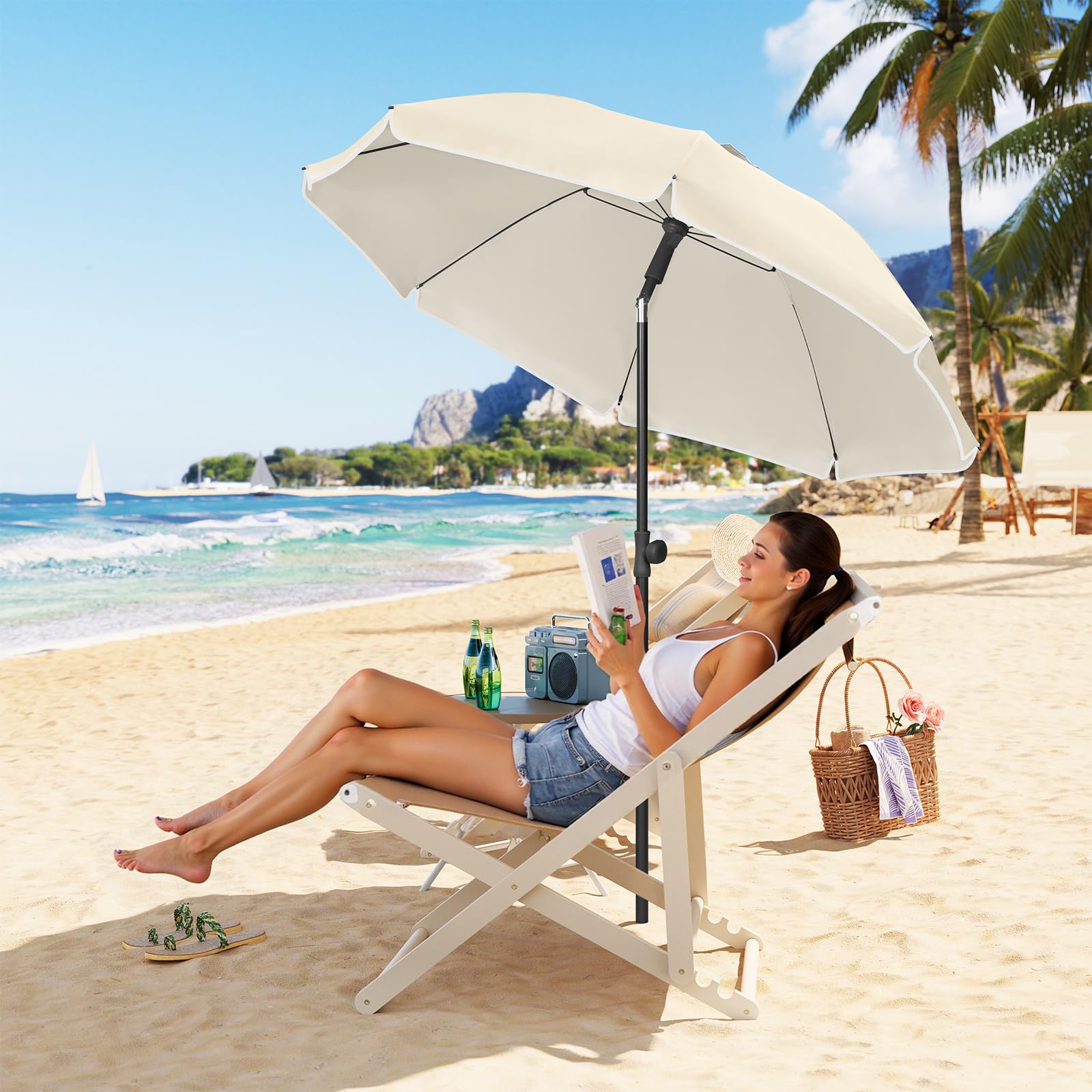 Laneetal Parasol de Plage Ø135/155/175cm, Imperméable en Tissu Anti-UV à UPF 50+, Toile Inclinable, Hauteur Réglable, Parasol Rond Anti-Vent pour Balcon/Terrasse/Patio/Piscine