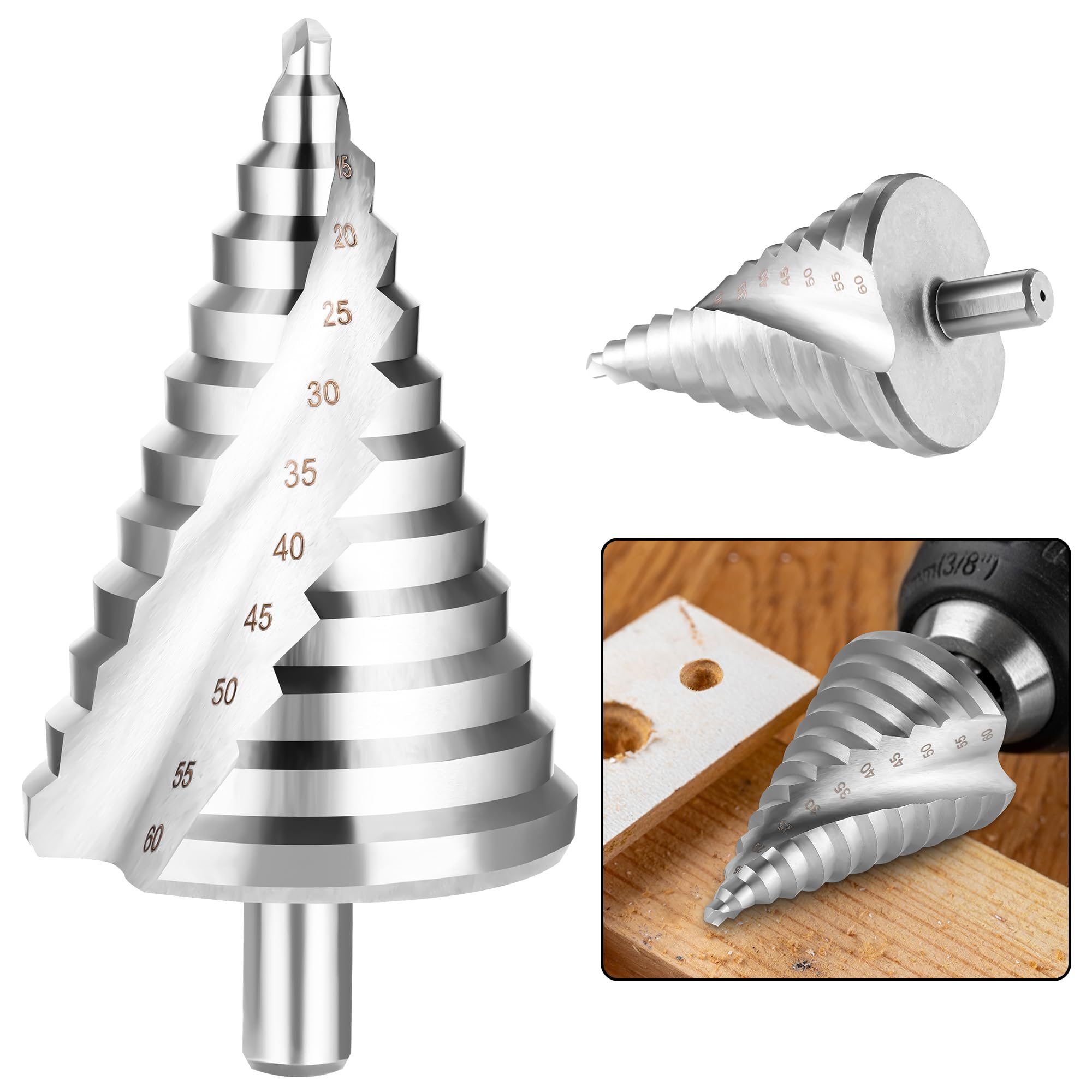 Step Drill Bit 6mm to 60mm HSS Spiral, Spiral Grooved Step Drill Bit Triangle Conical Titanium Coated Double Slot Cone for cutting boards, plastics - Robust, High Temperature Resistant