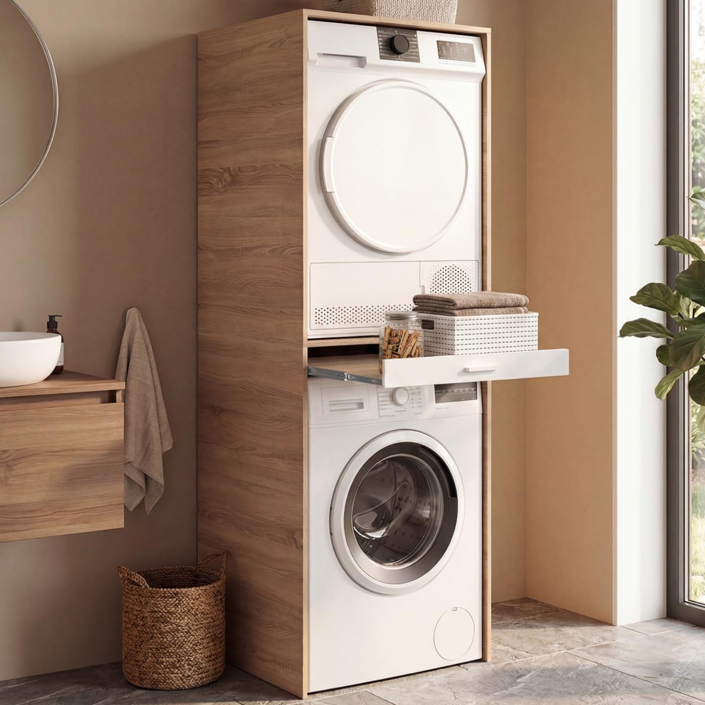 IDMarket - Meuble de buanderie pour Machine à Laver et sèche-Linge Wallis Plateau Coulissant pour Panier à Linge Bois et Blanc