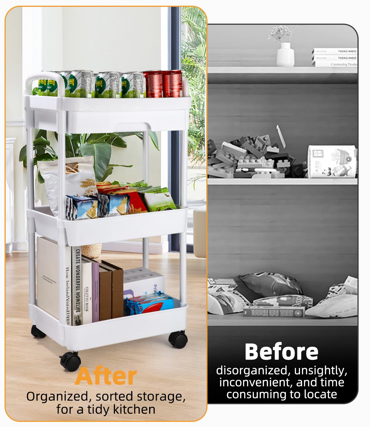 Carrello con Ruote Portatutto Cucina con Cassetto, Carrello Portaoggetti Multifunzionale con Maniglia, Gancio, Ruote Bloccabili, Carrellino per auto di Facile Montaggio per Bagno, Bianco