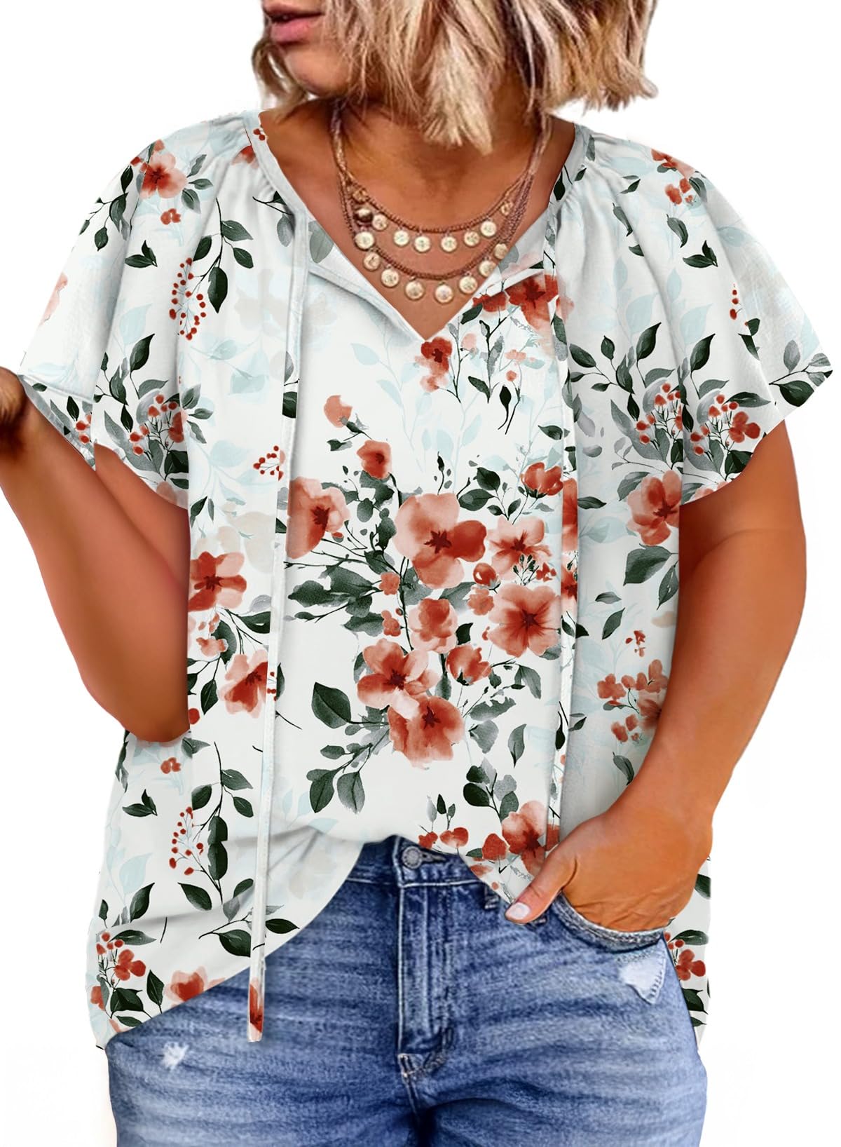 Eytino Women Plus Size Tops Boho Printed V Neck Short Sleeve Drawstring Casual Chiffon Shirts Blouse(1X-5X)