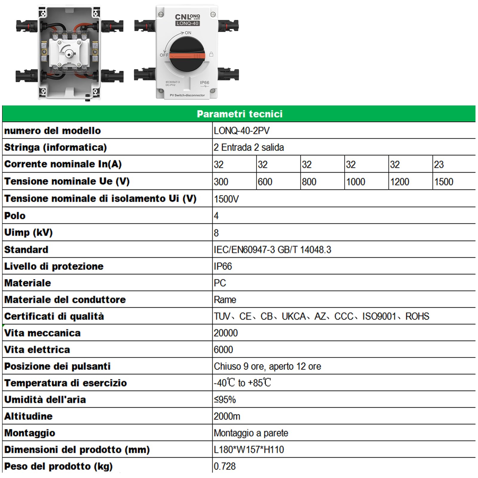 Sezionatore solare 32 Amp DC1200V 2 ingressi 2 uscite Interruttore di Separazione con involucro impermeabile IP66 per sistemi solari su tetto, camper e barche