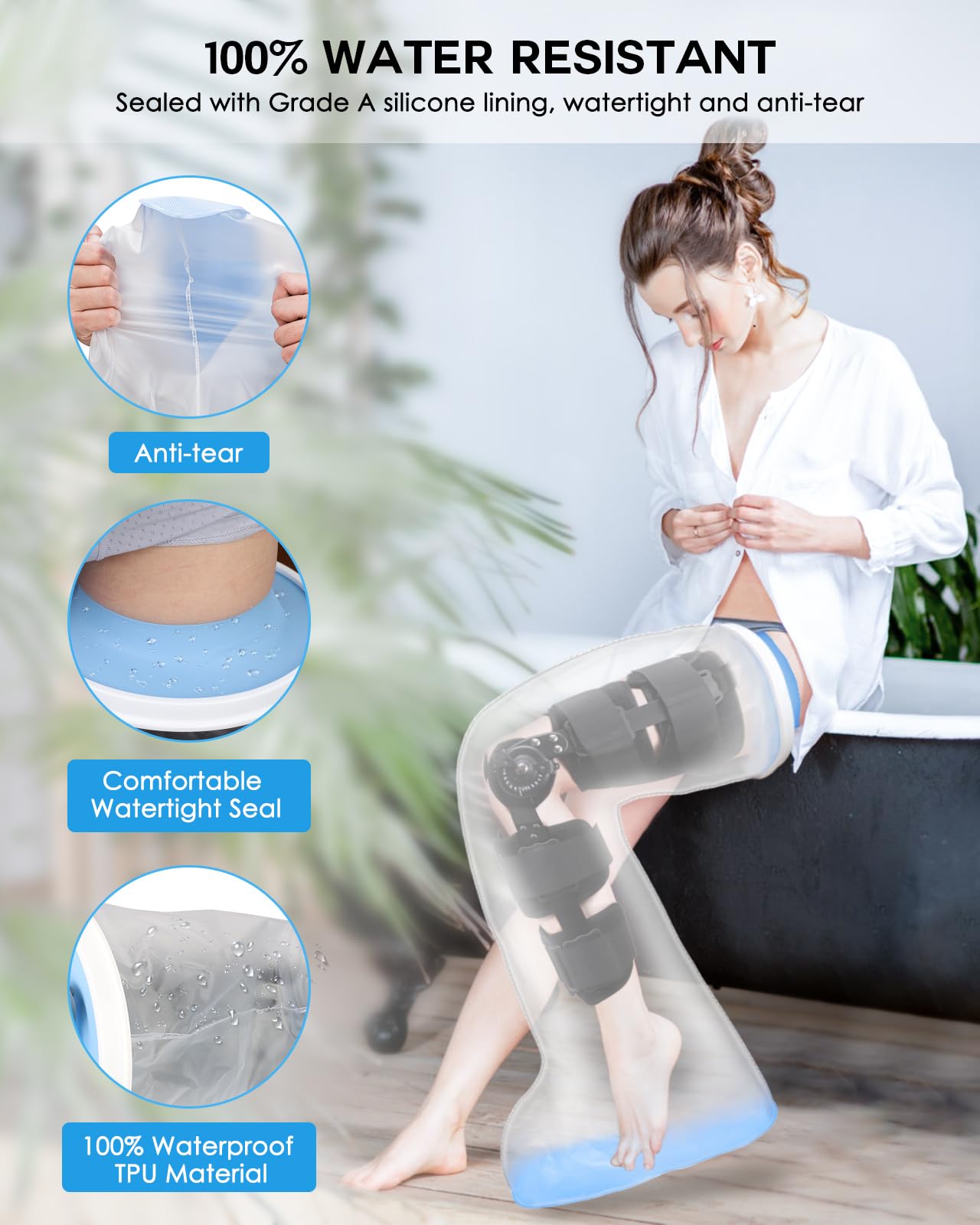 Funda impermeable extra ancha de pierna completa para ducha con parte inferior antideslizante, protector impermeable extra grande para piernas para heridas de cirugía de muslo, pie, tobillo,
