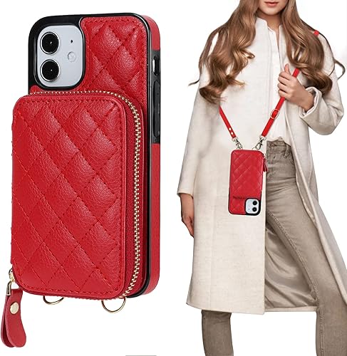 Miniatura 9 de Bocasal Funda tipo cartera cruzada para iPhone 12 Mini, bloqueo RFID, de piel sintética, con cremallera, funda tipo cartera con función atril y