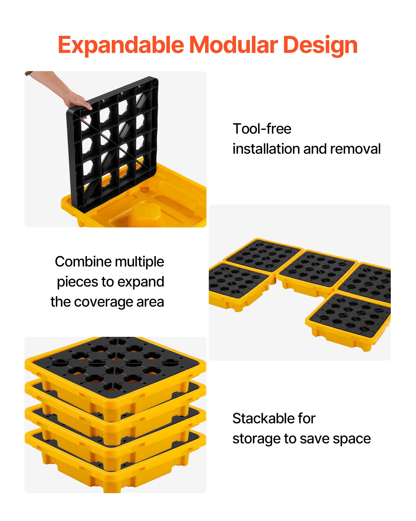 VEVOR Palette de Rétention pour 1 Fût, Bac de Rétention avec Caillebotis et Drain, Plateforme de Déversement en PEHD à Profil Bas, Capacité 43,2 L, Charge Maximale 700 kg, 670x675x150 mm, Jaune
