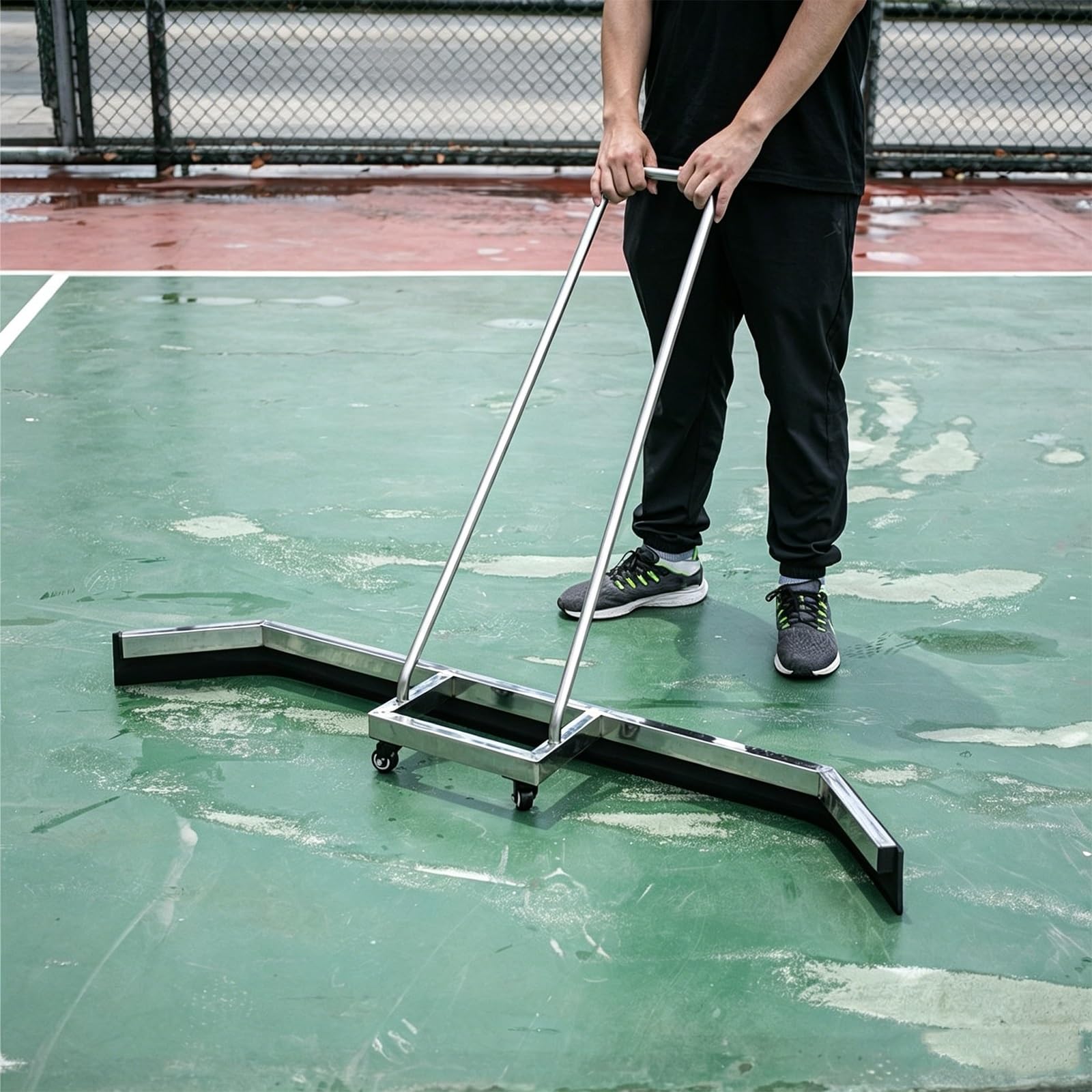 Escobilla de Goma con Ruedas para Pistas de Tenis, de Acero Inoxidable, con Hoja de EVA y Ruedas giratorias. Escobilla de Goma Resistente para Suelos de hormigón, Color Plata(135cm)