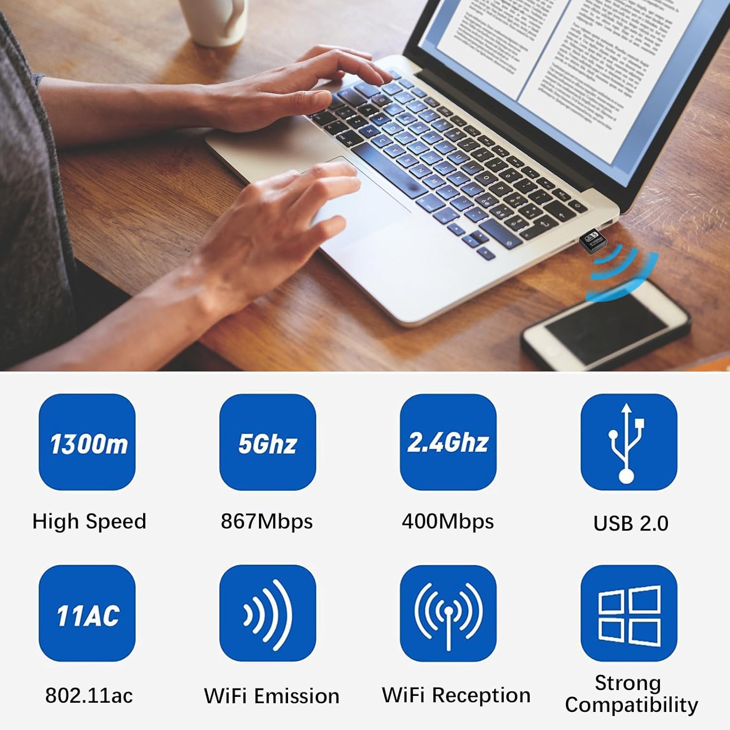 1300Mbps Mini USB WiFi Adapter for PC, Skybess Dual Band (5G, 2.4G) Wireless Network Adapter for Desktop Laptop, High Speed WiFi Dongle Stick, Compatible with Windows 11/10/8.1/8/7/XP/Vista, Mac OS X - Image 2