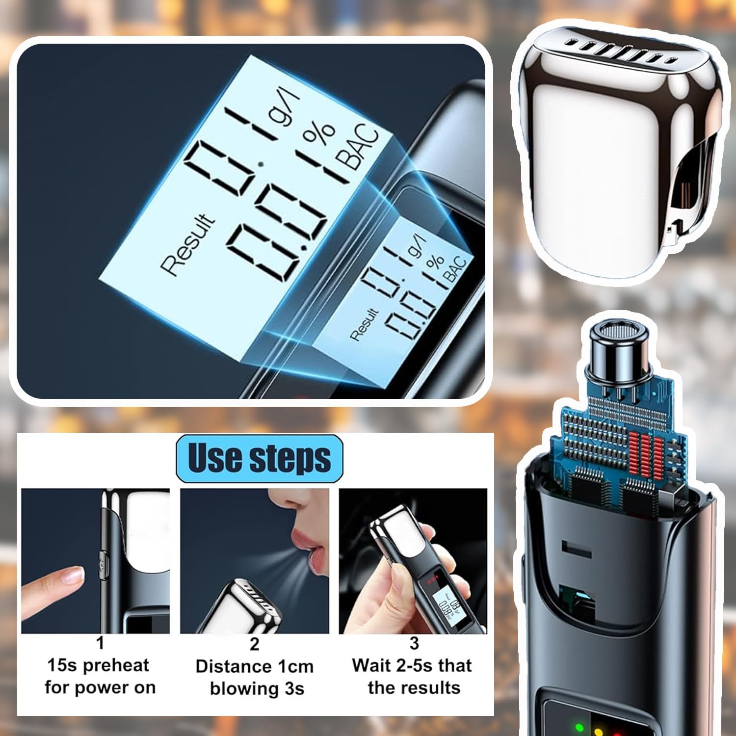 Alcoholimetro Homologado,Test Alcoholemia con Pantalla LCD y Batería Recargable USB,Alcoholimetro Digital,Test de Alcoholemia Fiable y Rápido,Ideal para Uso Personal, Doméstico y Fiestas
