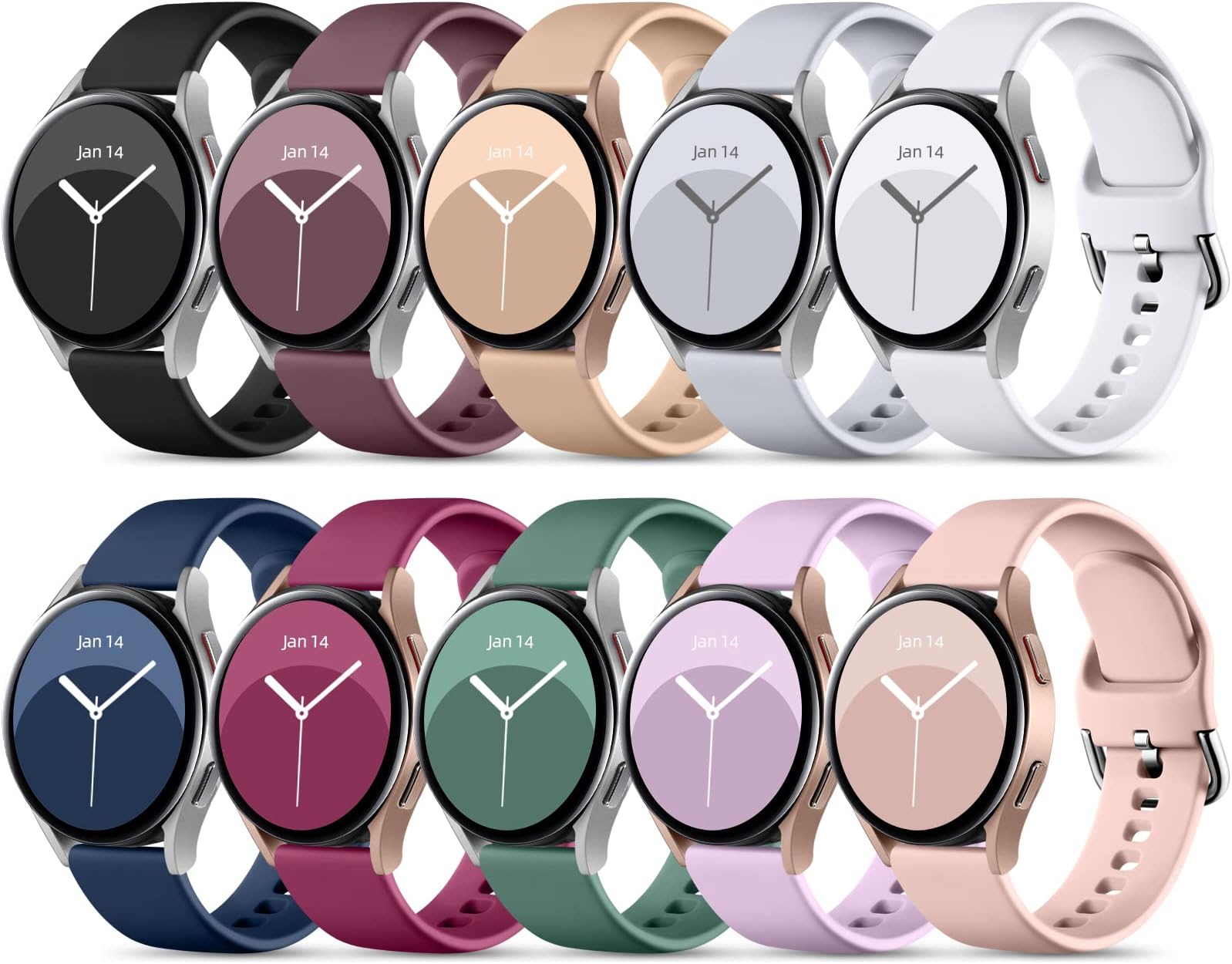 DaQin 10 Pack Bands Compatible with Samsung Galaxy Watch 6/5/4 40mm 44mm/Watch 6 Classic 43mm 47mm/Watch 5 Pro 45mm/Watch 4 Classic/Active 2 Band, 20mm Soft Silicone Sport Strap Wristbands Women Men