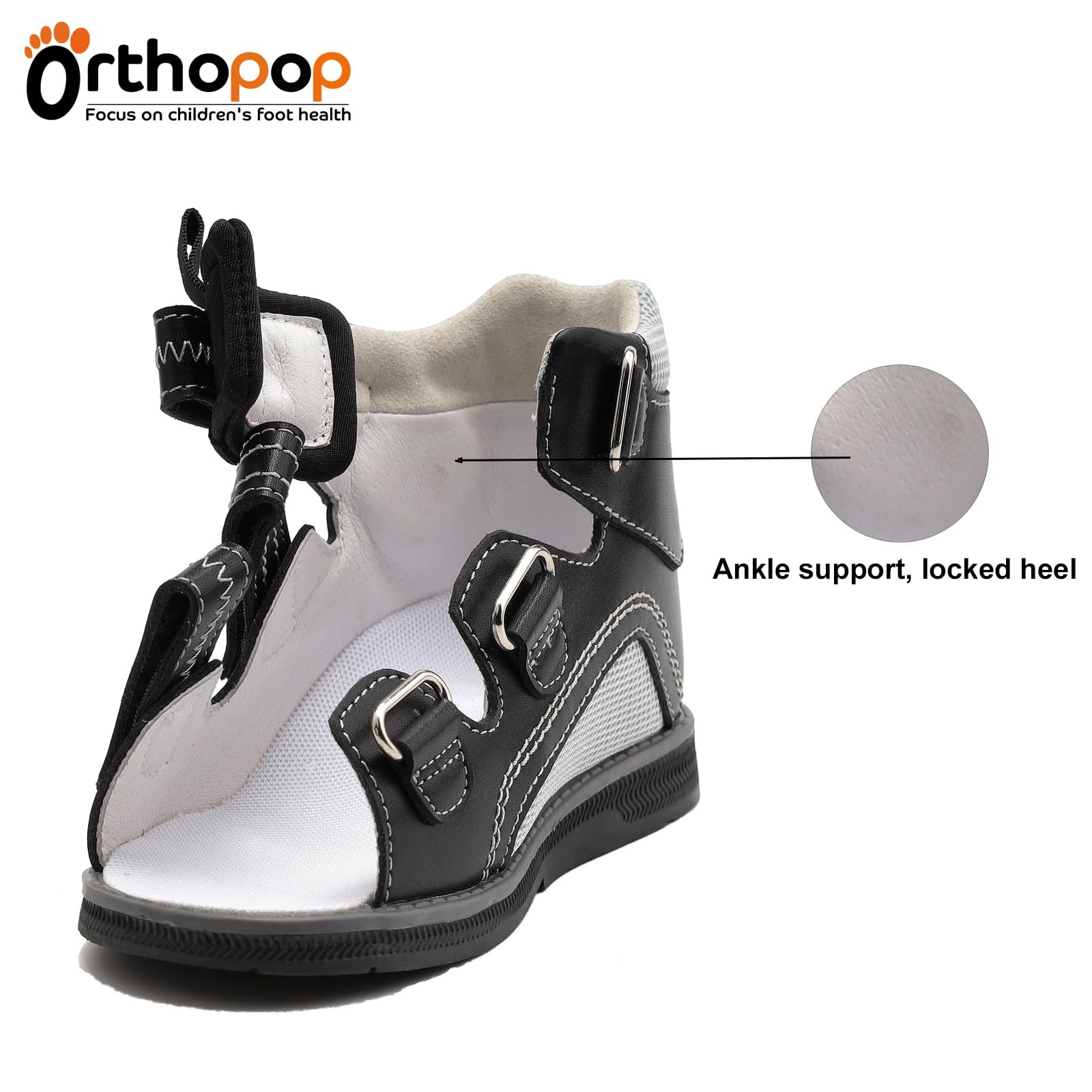 Sandalias ortopédicas para niños pequeños con soporte para arco y tobillo, zapatos negros con respaldo alto para niños