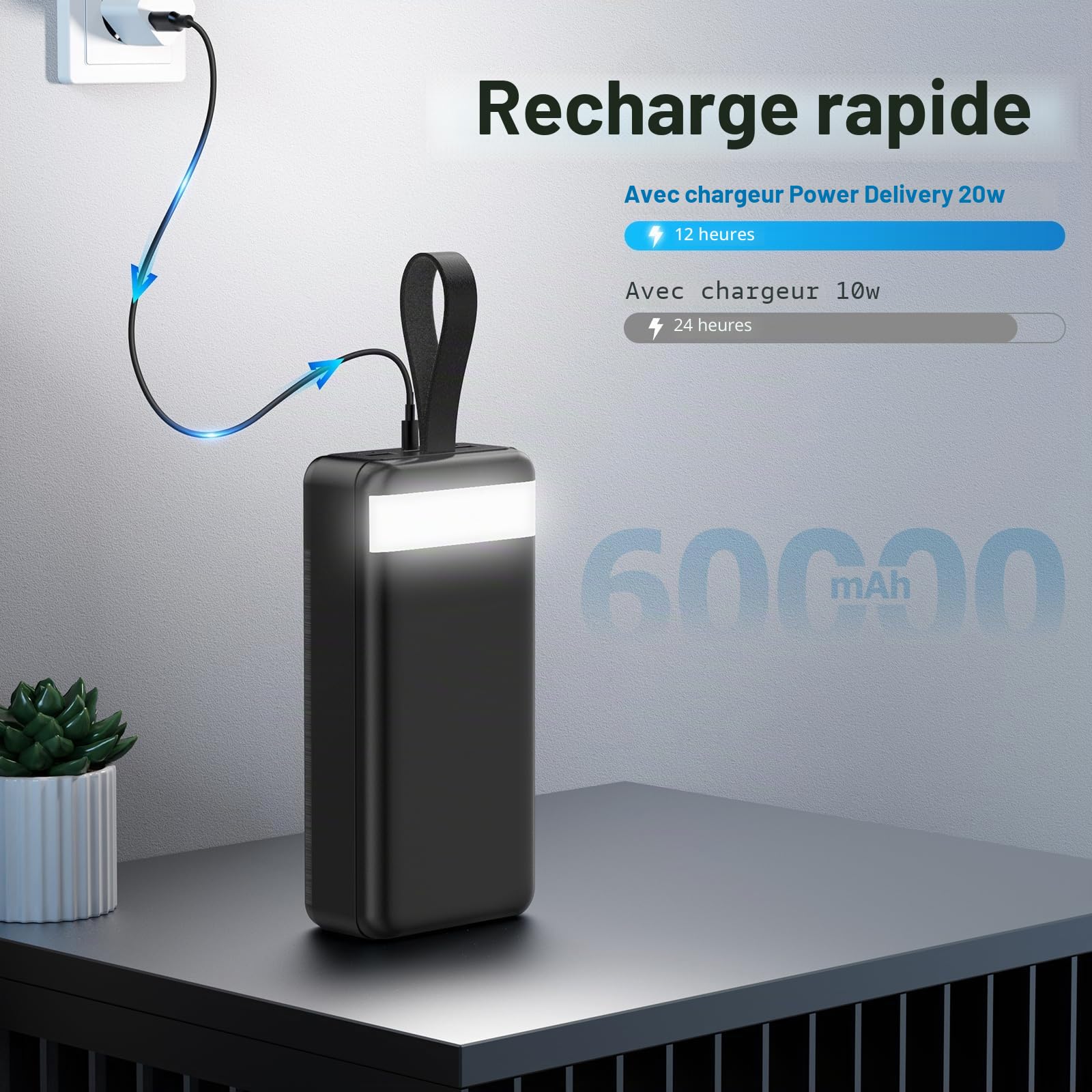 Power Bank 60000 mAh 22,5 W Charge Rapide Chargeur USB-C Charge Rapide avec 4 sorties et 3 entrées, Écran LED Grande capacité Batterie externe pour la plupart des appareils électroniques
