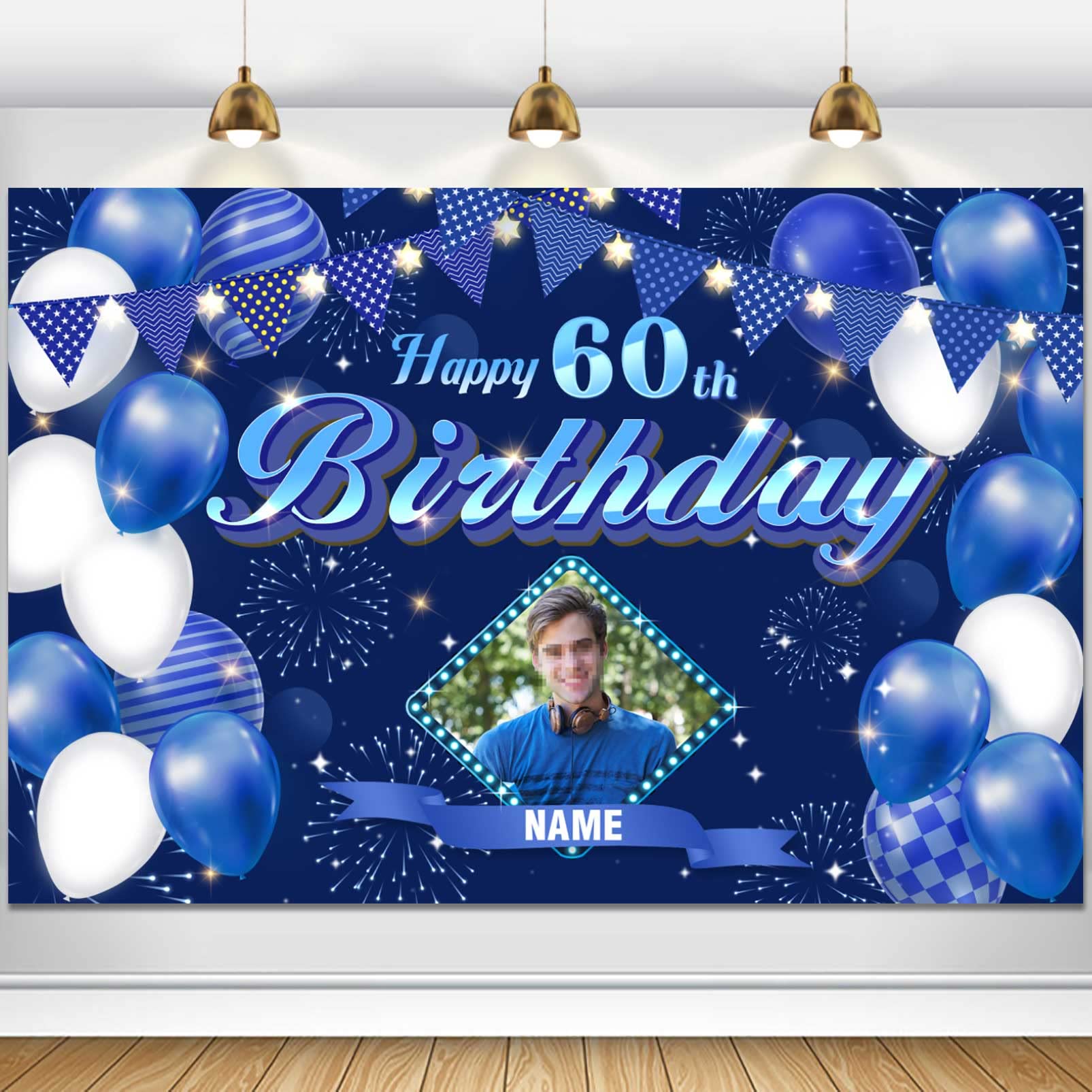 Custom Navy Blue Happy 60th Birthday Decorations Backdrop, Glitter Birthday Backdrop Sign, Happy Birthday Banner, Birthday Party Supplies Photo