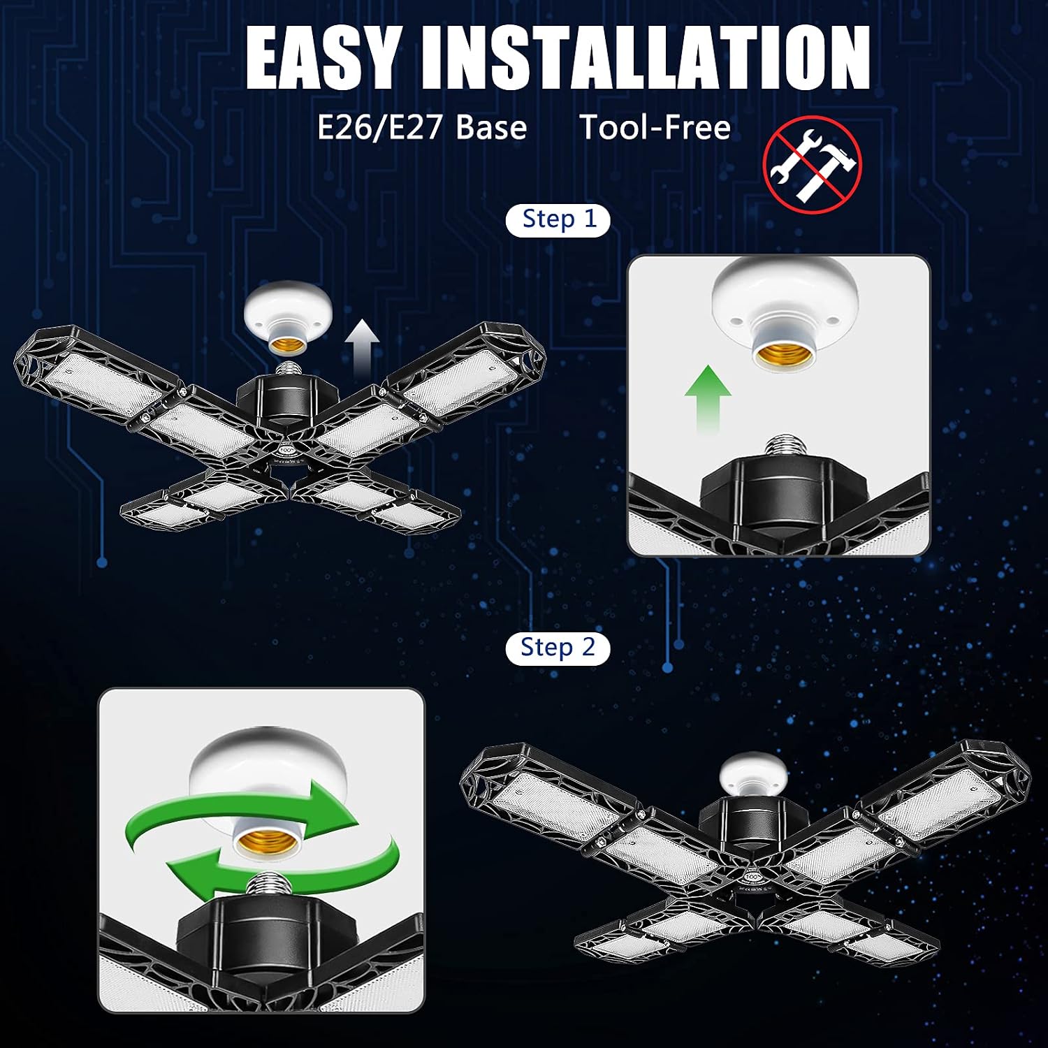 Garage Led Lights 2 Pack, 150W Super Bright LED Garage Lighting, 15000LM, 6500K LED Garage Ceiling Lights with E26/E27 Base, Easy Installation, 8-Leaf Deformable Lights for Garage, Workshop, Warehouse