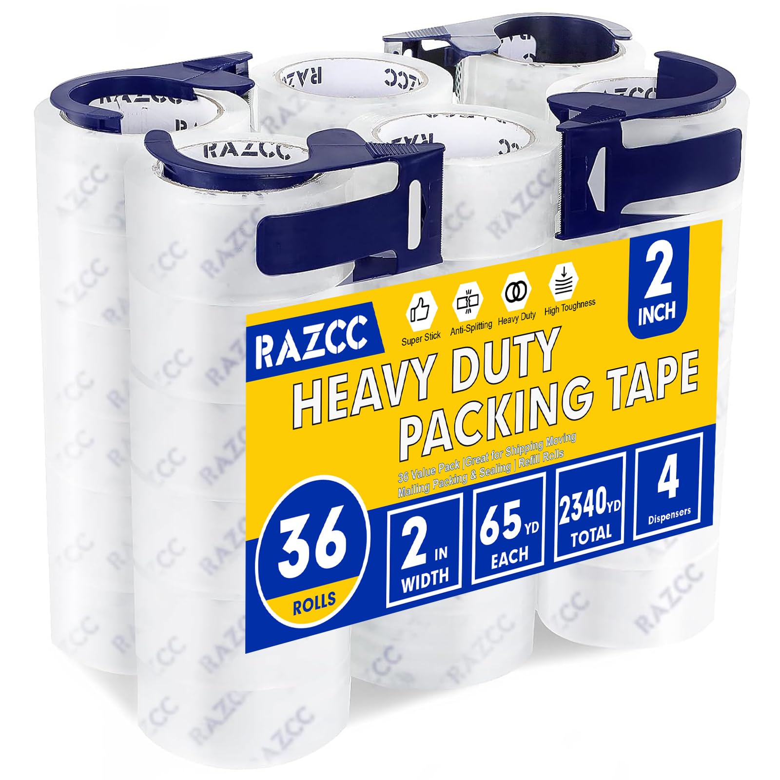 Photo 1 of RAZCC Clear Packing Tape, 36 Rolls Heavy Duty Packaging Tape with Dispensers for Packing Shipping Moving and Sealing, Thicker Packing Tape-2" x 65 Yards Per Roll, 2340 Total Yards