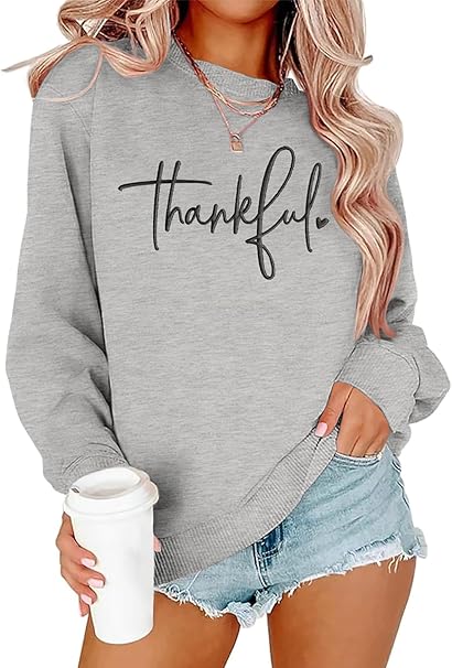 Thanksgiving Sweatshirts for Women Thankful Sweatshirt 2025 Trendy Fall Embroidered Graphic Pullover Top