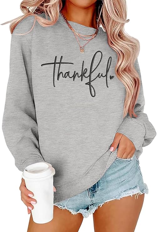Thanksgiving Sweatshirts for Women Thankful Sweatshirt 2025 Trendy Fall Embroidered Graphic Pullover Top