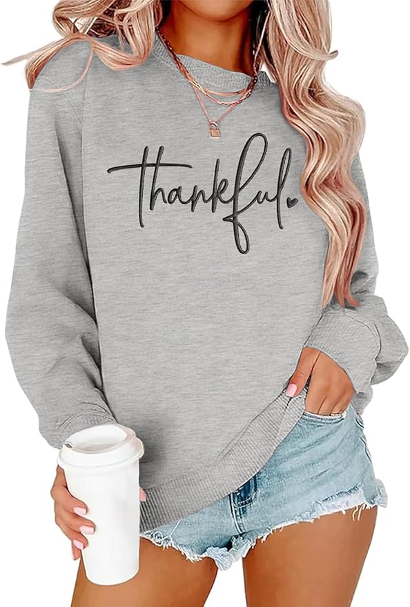 Thanksgiving Sweatshirts for Women Thankful Sweatshirt 2025 Trendy Fall Embroidered Graphic Pullover Top