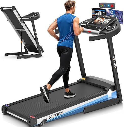SYTIRY Folding Incline Treadmill -Foldable Home Fitness Equipment with 10" HD TV Touchscreen, Max 3.25HP Brushless Motorand WiFi Connection,3D