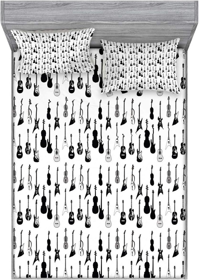 Ambesonne Music Fitted Sheet & Pillow Sham Set, Monochrome Strings Various Types Acoustic and Electronic Guitar Cello Violin, Decorative Printed 3 Piece Bedding Decor Set, Full, White and Charcoal