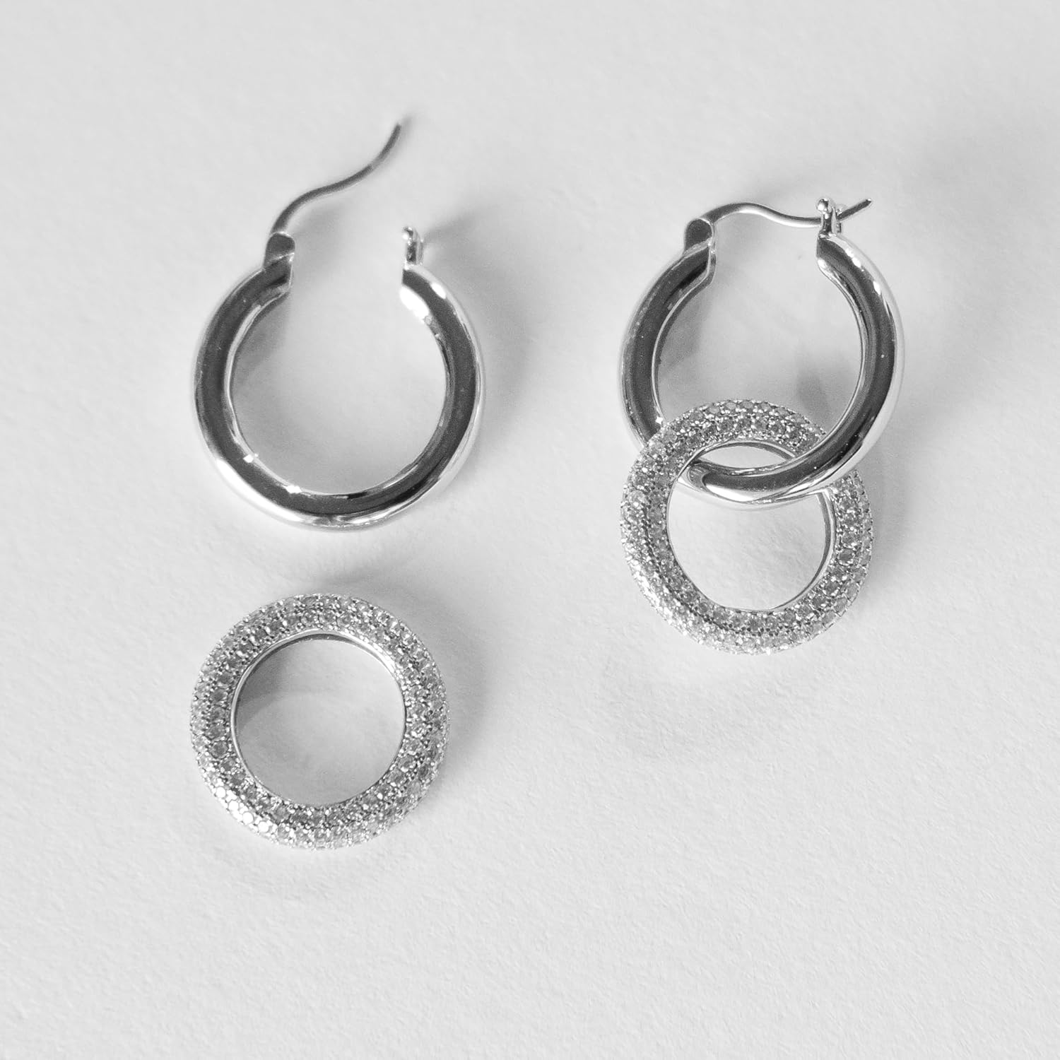 Double Hoop Chunky Drop Earrings | Removable Pave Crystal Interlocking Loop Earrings | Open Circle Round Hoop Statement Earrings | CZ Drop Dangle Earrings