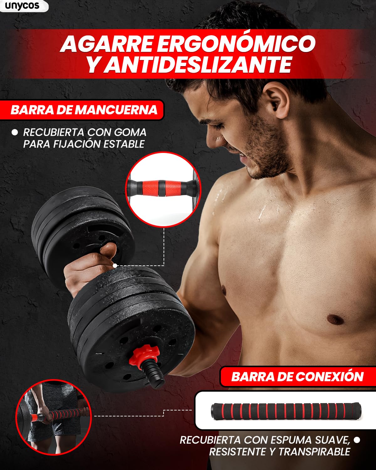 unycos - Juego de Mancuernas Ajustables con Discos Intercambiables y Barra Recta de Conexión, Set de Entrenamiento de Fuerza para Fitness, Gimnasio en Casa