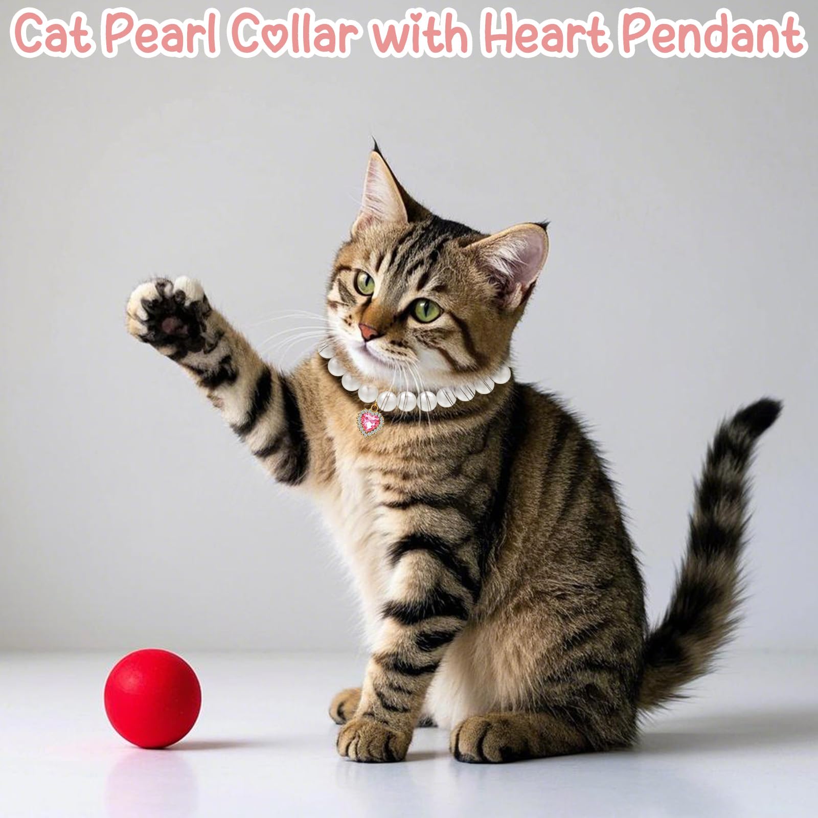 2 Pcs Cat Pearl Collar with Heart Shape Pendant Rhinestone Cute Pearl Pet Necklace - Image 4